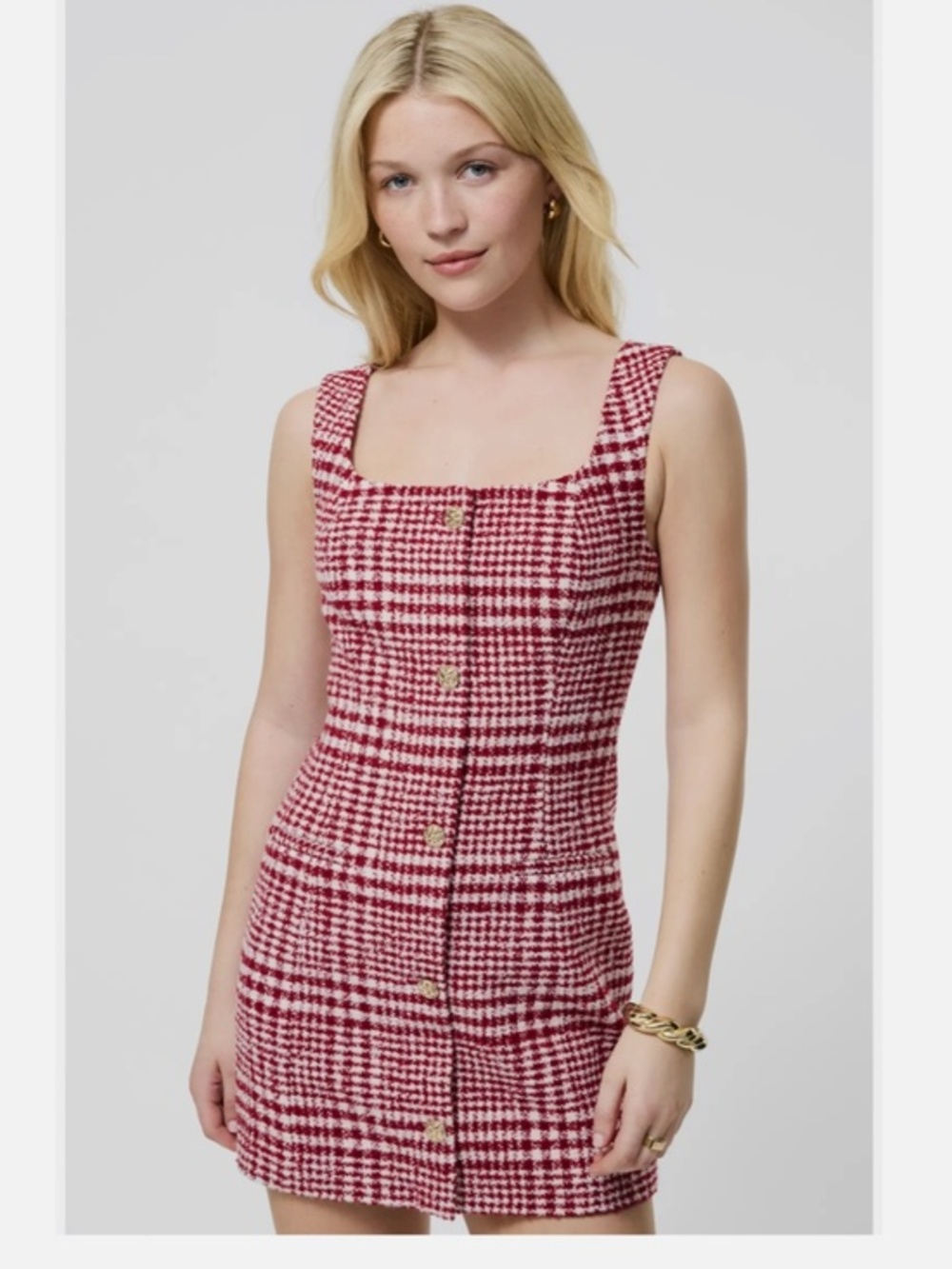 French Connection Red White Plaid Boucle Square Neck Mini Dress New 10